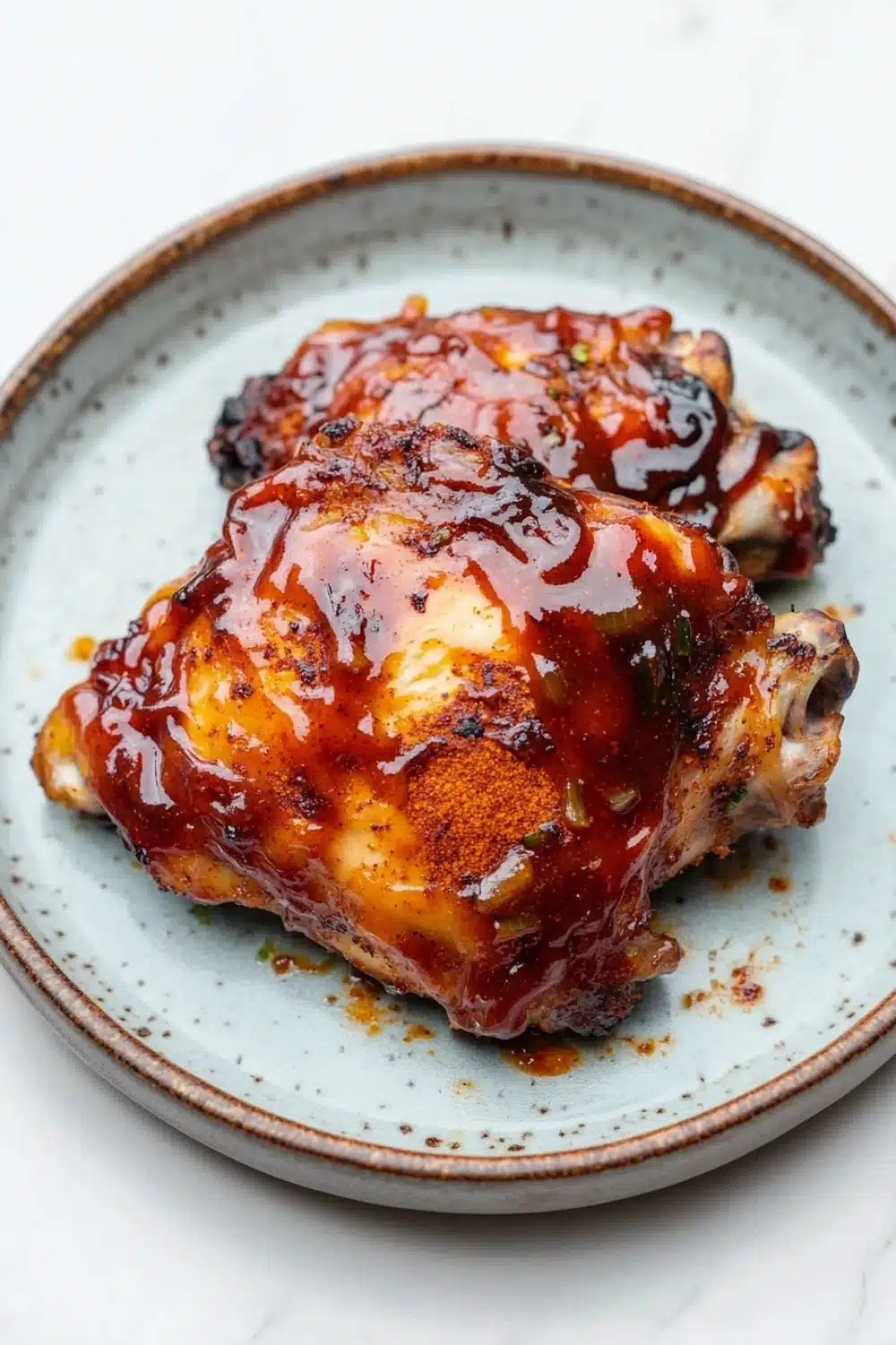 Keto baked bbq chicken thighs - the image shows two pieces of cooked chicken on a blue and white plate. the chicken appears to be seasoned with herbs and spices, and is covered in a thick, red sauce. the sauce is drizzled over the chicken, giving it a glossy sheen. the plate is sitting on a white marble countertop.