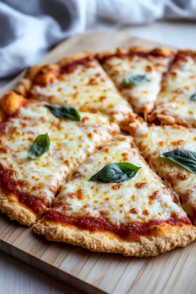 Keto pizza crust gluten free - the image shows a freshly baked pizza on a wooden cutting board. the pizza has a golden brown crust and is topped with melted cheese and fresh basil leaves. the cheese is melted and bubbly, and the basil leaves are arranged in a circular pattern around the edges of the pizza. the background is blurred, but it appears to be a kitchen countertop with a white cloth napkin on the side.