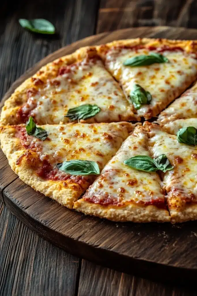 Keto pizza crust gluten free - the image shows a freshly baked pizza on a wooden cutting board. the pizza has a golden brown crust and is topped with melted cheese and fresh basil leaves. the cheese is melted and bubbly, and the basil leaves are scattered around the edges of the pizza. the cutting board is placed on a dark wooden table, and there are a few more basil leaves scattered around it. the overall mood of the image is rustic and appetizing.