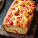 Keto strawberry bread - the image shows a freshly baked loaf of bread on a wooden cutting board. the bread appears to be golden brown in color and has a crumbly texture. it is topped with fresh strawberries, which are arranged in a circular pattern on top of the bread. the cutting board is placed on a dark grey countertop with a white cloth napkin on the side. the background is blurred, but it seems to be a kitchen countertop.
