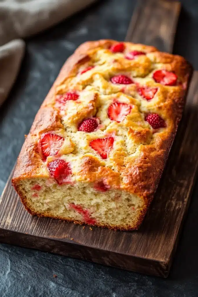 Keto strawberry bread - the image shows a freshly baked loaf of bread on a wooden cutting board. the bread appears to be golden brown in color and has a crumbly texture. it is topped with fresh strawberries, which are arranged in a circular pattern on top of the bread. the cutting board is placed on a dark grey countertop with a white cloth napkin on the side. the background is blurred, but it seems to be a kitchen countertop.