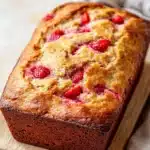 Keto strawberry bread - the image shows a freshly baked loaf of bread on a wooden cutting board. the bread appears to be golden brown in color and has a crumbly texture. on top of the bread, there are small chunks of fresh strawberries arranged in a criss-cross pattern. the strawberries are bright red and look ripe and juicy. the cutting board is placed on a white countertop with a beige cloth napkin on the side. the background is blurred, making the bread the focal point of the image.