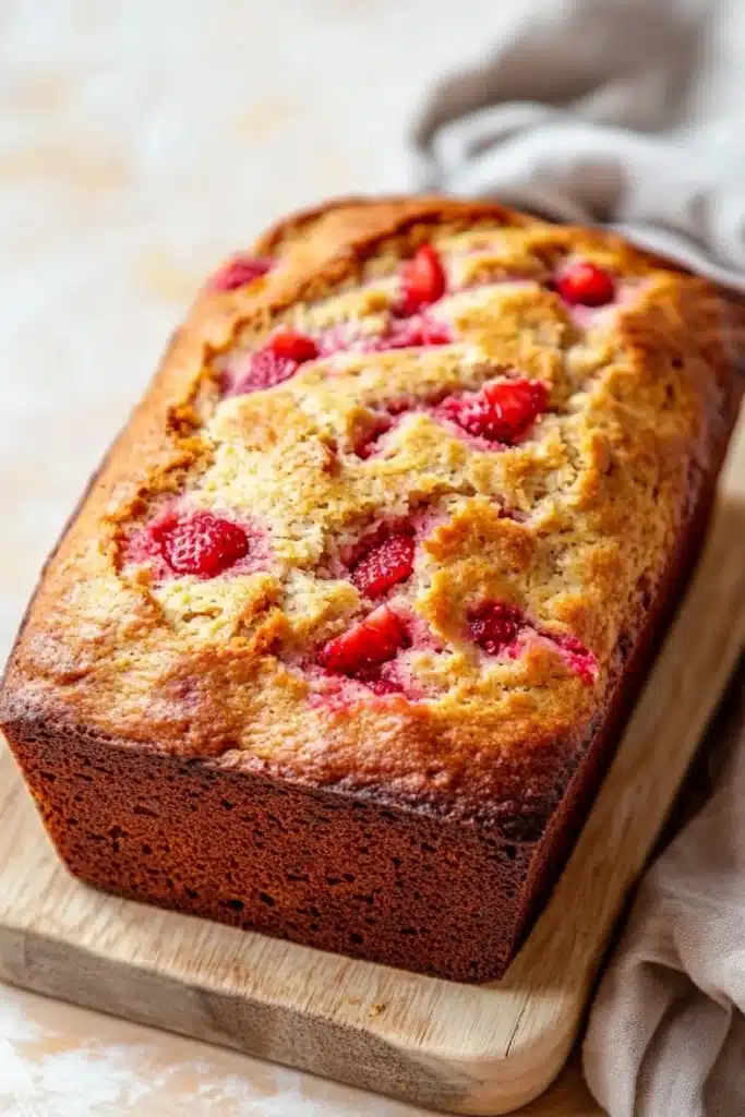 Keto strawberry bread - the image shows a freshly baked loaf of bread on a wooden cutting board. the bread appears to be golden brown in color and has a crumbly texture. on top of the bread, there are small chunks of fresh strawberries arranged in a criss-cross pattern. the strawberries are bright red and look ripe and juicy. the cutting board is placed on a white countertop with a beige cloth napkin on the side. the background is blurred, making the bread the focal point of the image.