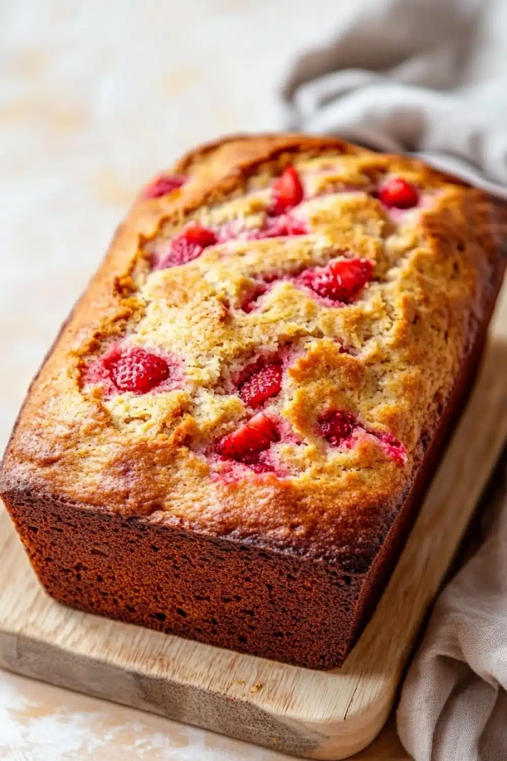 Keto strawberry bread - the image shows a freshly baked loaf of bread on a wooden cutting board. the bread appears to be golden brown in color and has a crumbly texture. on top of the bread, there are small chunks of fresh strawberries arranged in a criss-cross pattern. the strawberries are bright red and look ripe and juicy. the cutting board is placed on a white countertop with a beige cloth napkin on the side. the background is blurred, making the bread the focal point of the image.