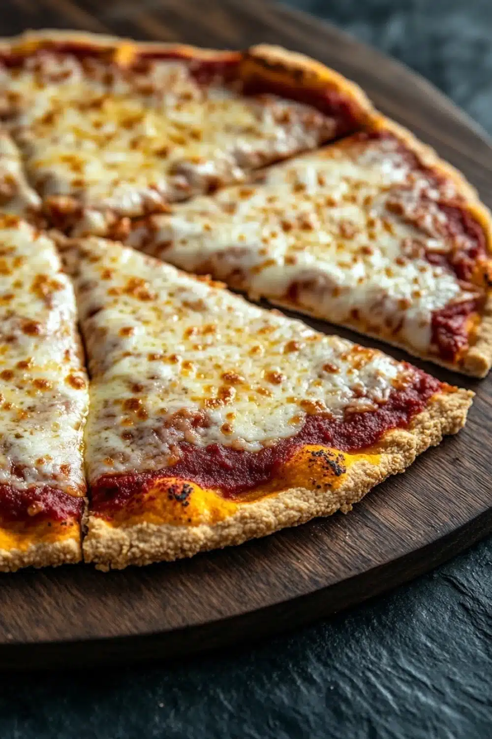 King arthur gluten free pizza crust - the image shows a freshly baked pizza on a wooden cutting board. the pizza has a golden brown crust and is topped with melted cheese and tomato sauce. the cheese is melted and bubbly, and the tomato sauce is a deep red color. the cutting board is placed on a dark grey countertop. the background is blurred, making the pizza the focal point of the image.