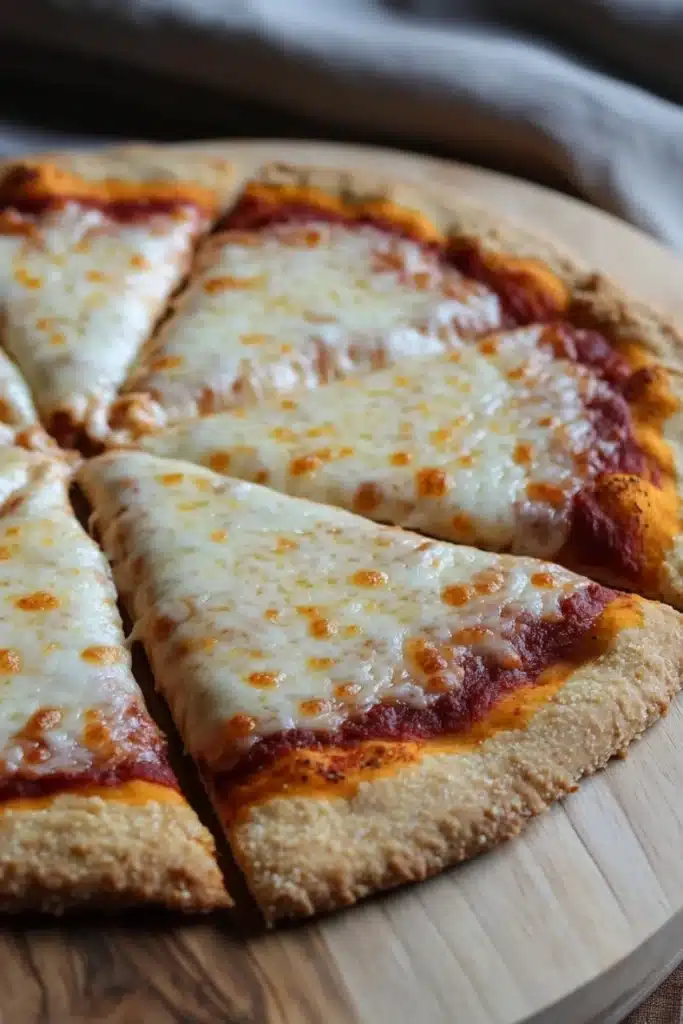 King arthur gluten free pizza crust - the image shows a freshly baked pizza on a wooden cutting board. the pizza has a golden brown crust and is topped with melted cheese and tomato sauce. the cheese is white and bubbly, and the tomato sauce is a deep red color. there are six slices of the pizza arranged in a diagonal line on the cutting board, with the top slice slightly overlapping the bottom one. the background is blurred, but it appears to be a kitchen countertop with a gray cloth napkin.