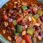 Lauras slow cooker turkey chili - the image is a close-up of a bowl of chili. the bowl is made of ceramic and has a green rim. the chili is a rich orange color and appears to be thick and hearty. it is filled with chunks of red beans, white beans, and various vegetables such as bell peppers, onions, and mushrooms. there are also chunks of ground meat scattered throughout the dish. the dish is garnished with a sprinkle of sesame seeds. the background is dark, making the colors of the chili stand out.