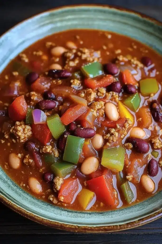 Lauras slow cooker turkey chili - the image is a close-up of a bowl of chili. the bowl is made of ceramic and has a green rim. the chili is a rich orange color and appears to be thick and hearty. it is filled with chunks of red beans, white beans, and various vegetables such as bell peppers, onions, and mushrooms. there are also chunks of ground meat scattered throughout the dish. the dish is garnished with a sprinkle of sesame seeds. the background is dark, making the colors of the chili stand out.