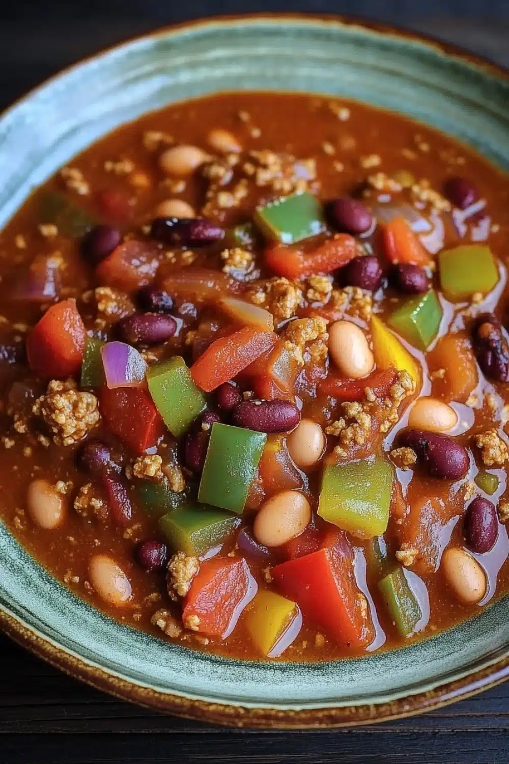 Lauras slow cooker turkey chili - the image is a close-up of a bowl of chili. the bowl is made of ceramic and has a green rim. the chili is a rich orange color and appears to be thick and hearty. it is filled with chunks of red beans, white beans, and various vegetables such as bell peppers, onions, and mushrooms. there are also chunks of ground meat scattered throughout the dish. the dish is garnished with a sprinkle of sesame seeds. the background is dark, making the colors of the chili stand out.