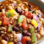 Lauras slow cooker turkey chili - the image is a close-up of a bowl of chili. the chili is a rich orange color and appears to be made with ground beef, black beans, red and yellow bell peppers, and white beans. there are also chunks of red and green bell peppers scattered throughout the dish. the bowl is sitting on a white plate with a gold rim. the background is blurred, but it seems to be a kitchen countertop.