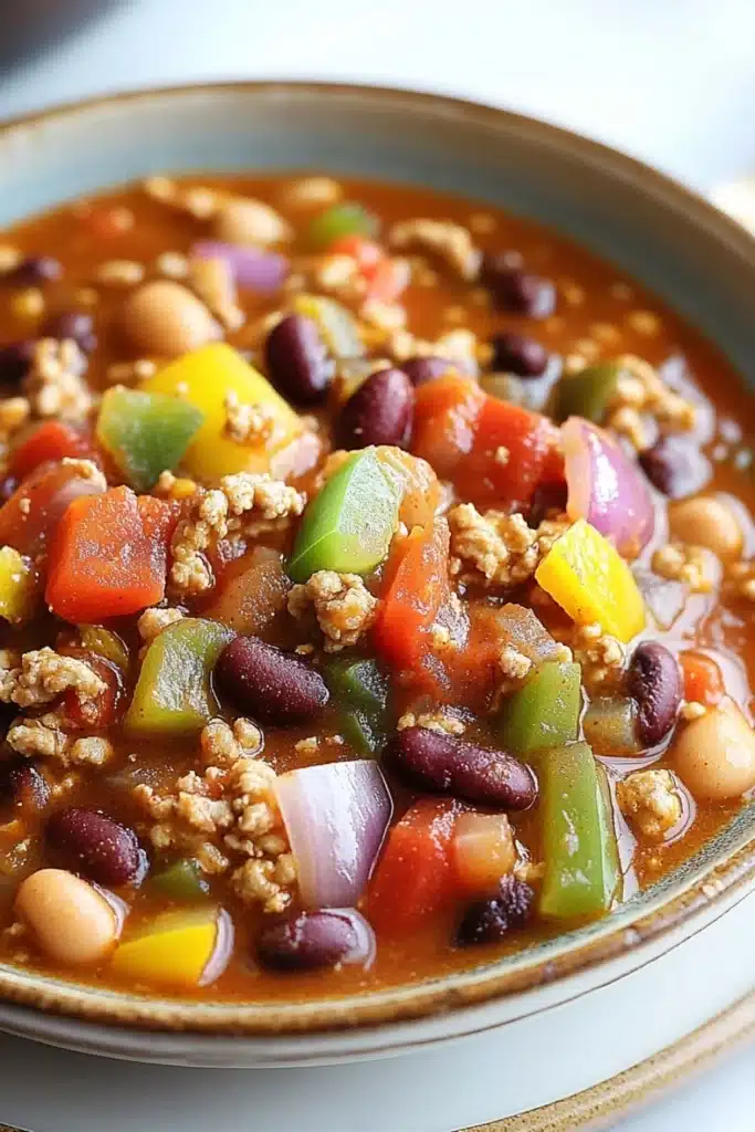 Lauras slow cooker turkey chili - the image is a close-up of a bowl of chili. the chili is a rich orange color and appears to be made with ground beef, black beans, red and yellow bell peppers, and white beans. there are also chunks of red and green bell peppers scattered throughout the dish. the bowl is sitting on a white plate with a gold rim. the background is blurred, but it seems to be a kitchen countertop.