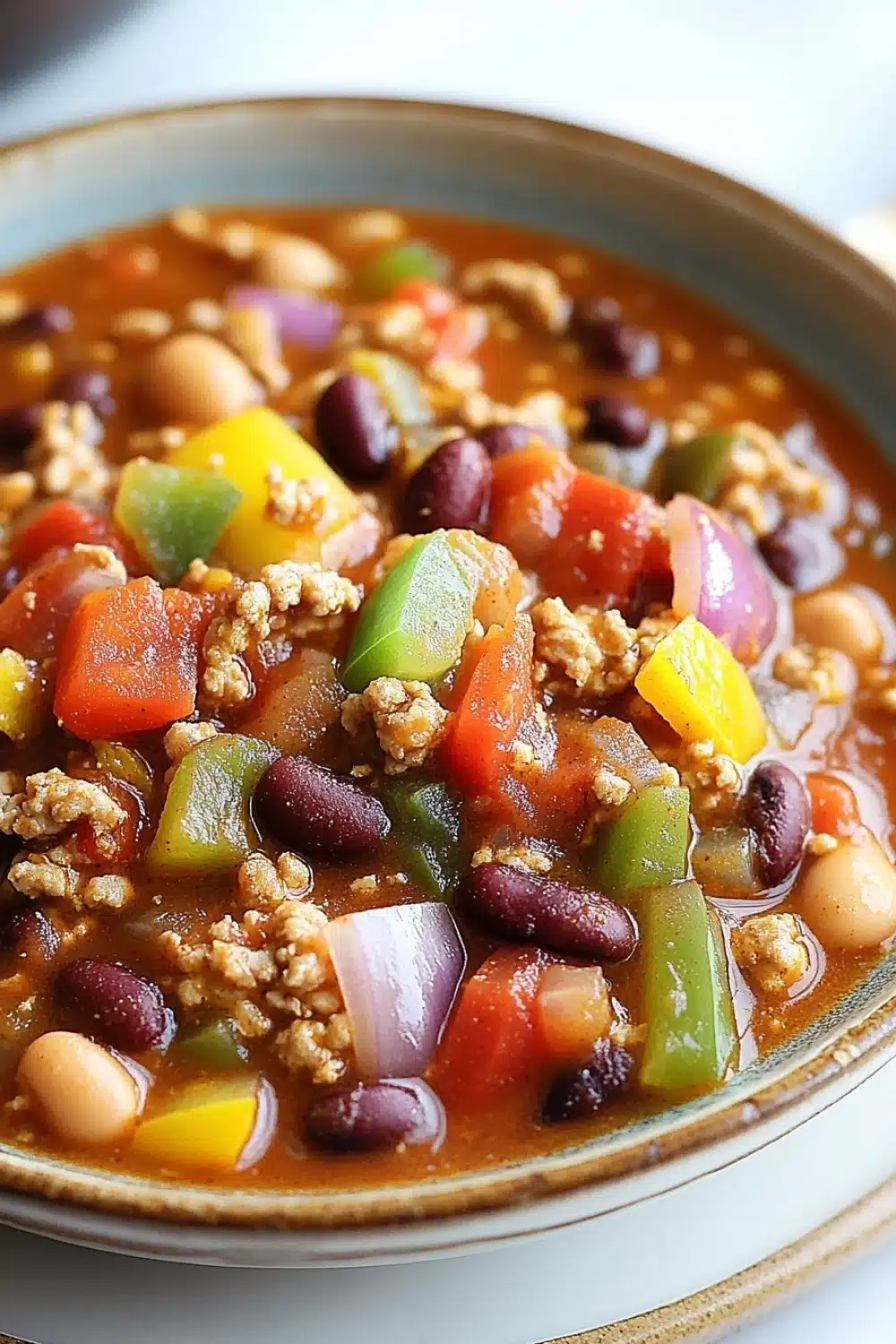 Lauras slow cooker turkey chili - the image is a close-up of a bowl of chili. the chili is a rich orange color and appears to be made with ground beef, black beans, red and yellow bell peppers, and white beans. there are also chunks of red and green bell peppers scattered throughout the dish. the bowl is sitting on a white plate with a gold rim. the background is blurred, but it seems to be a kitchen countertop.