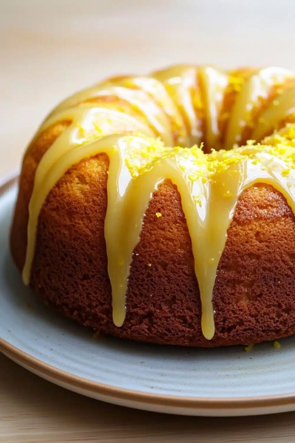 Lemon cake with lemon drizzle - the image is of a bundt cake on a blue plate. the cake is round and has a golden brown color. it is drizzled with a yellow glaze, which is dripping down the sides of the cake in a zigzag pattern. the glaze appears to be made of lemon zest, giving the cake a glossy and shiny appearance. the plate is sitting on a wooden table, and the background is blurred, making the cake the focal point of the image.