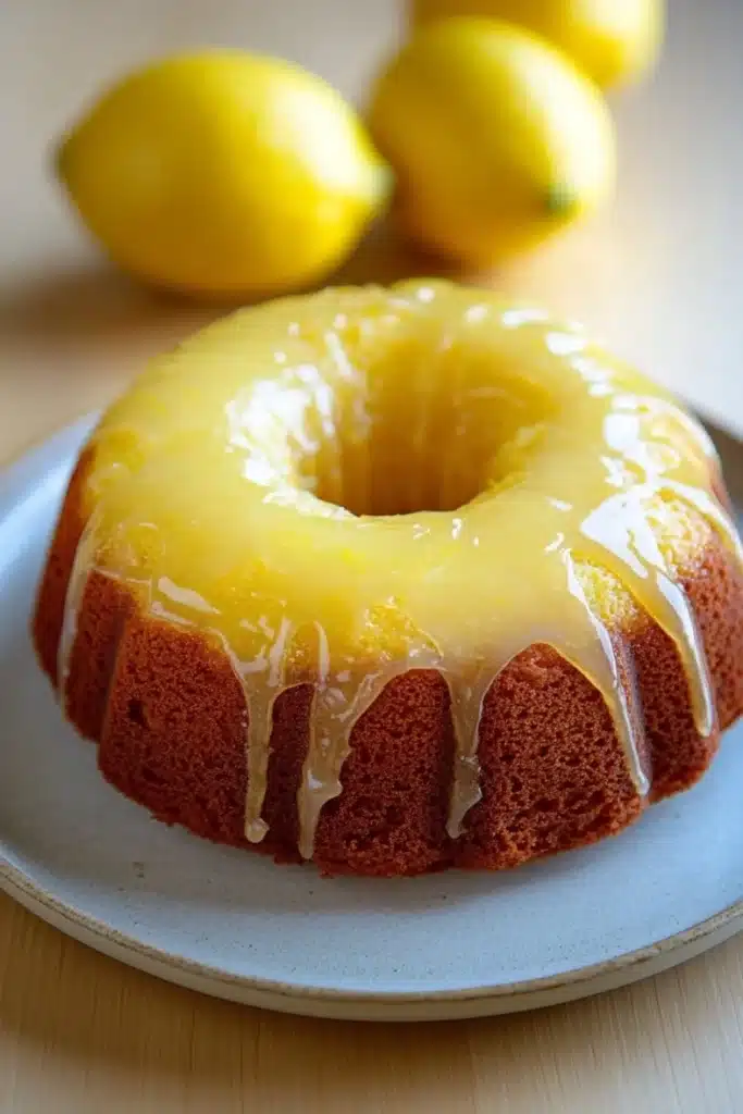 Lemon cake with lemon drizzle - the image shows a round cake on a white plate. the cake appears to be a bundt cake with a golden brown crust and a glaze on top. the glaze is dripping down the sides of the cake, creating a smooth and glossy texture. in the background, there are three whole lemons on a wooden table. the overall color scheme of the image is warm and inviting.