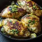 Lemon chicken in cast iron skillet - the image shows four pieces of chicken breasts in a black cast iron skillet. the chicken breasts are golden brown and appear to be seasoned with herbs and spices. they are arranged in a single layer in the skillet, with some pieces of lemon scattered around them. the skillet is sitting on a dark grey countertop, and the background is blurred, making the chicken the focal point of the image.