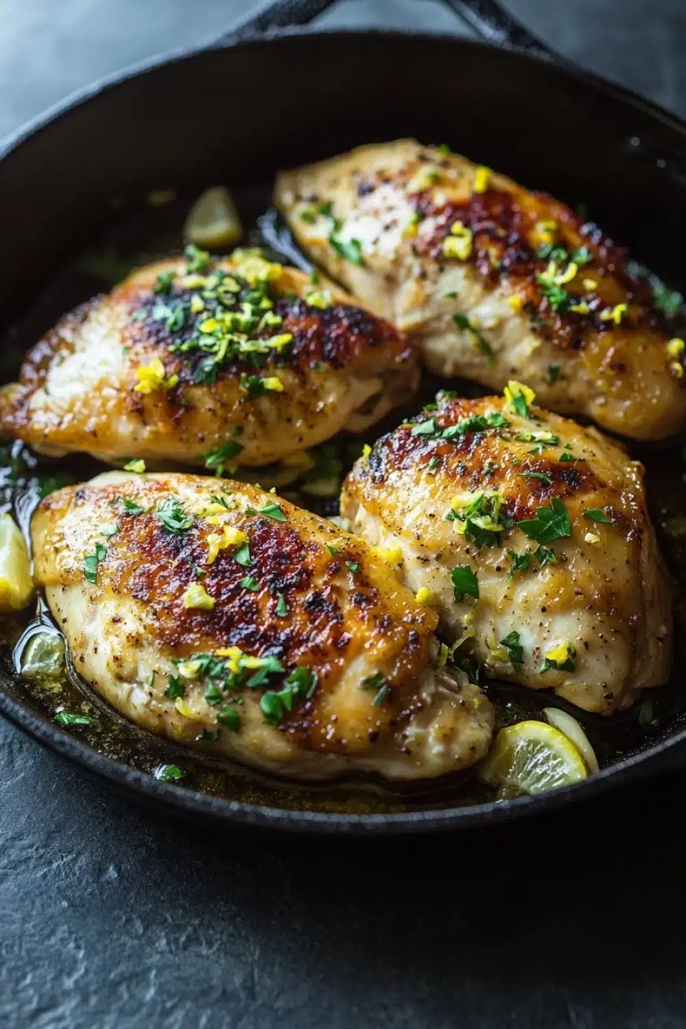 Lemon chicken in cast iron skillet - the image shows four pieces of chicken breasts in a black cast iron skillet. the chicken breasts are golden brown and appear to be seasoned with herbs and spices. they are arranged in a single layer in the skillet, with some pieces of lemon scattered around them. the skillet is sitting on a dark grey countertop, and the background is blurred, making the chicken the focal point of the image.