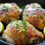 Lemon chicken in cast iron skillet - the image shows a black cast iron skillet with four pieces of cooked chicken in it. the chicken is golden brown and appears to be seasoned with herbs and spices. there are two lemon wedges on either side of the skillet, adding a pop of color to the dish. the skillet is sitting on a wooden table with a white napkin in the background. the overall aesthetic of the image is rustic and appetizing.