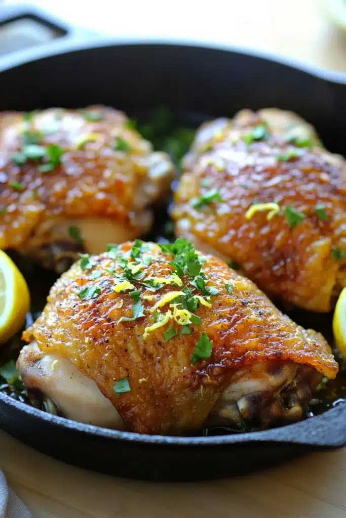 Lemon chicken in cast iron skillet - the image shows a black cast iron skillet with four pieces of cooked chicken in it. the chicken is golden brown and appears to be seasoned with herbs and spices. there are two lemon wedges on either side of the skillet, adding a pop of color to the dish. the skillet is sitting on a wooden table with a white napkin in the background. the overall aesthetic of the image is rustic and appetizing.