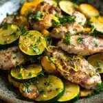 Lemon chicken squash skillet - the image shows a plate of grilled chicken and zucchini. the chicken is golden brown and appears to be seasoned with herbs and spices. the zucchinis are bright yellow and look fresh and juicy. the plate is made of ceramic and is placed on a wooden table. the background is blurred, but it seems to be a rustic kitchen countertop.