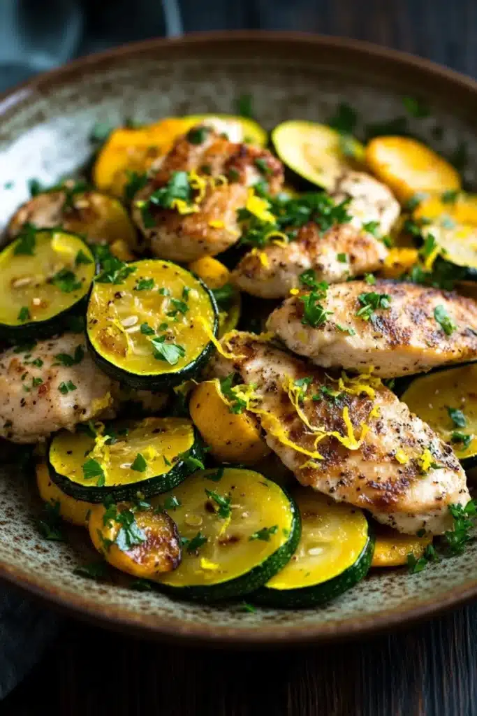 Lemon chicken squash skillet - the image shows a plate of grilled chicken and zucchini. the chicken is golden brown and appears to be seasoned with herbs and spices. the zucchinis are bright yellow and look fresh and juicy. the plate is made of ceramic and is placed on a wooden table. the background is blurred, but it seems to be a rustic kitchen countertop.