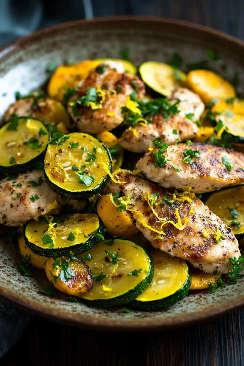 Lemon chicken squash skillet - the image shows a plate of grilled chicken and zucchini. the chicken is golden brown and appears to be seasoned with herbs and spices. the zucchinis are bright yellow and look fresh and juicy. the plate is made of ceramic and is placed on a wooden table. the background is blurred, but it seems to be a rustic kitchen countertop.