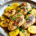 Lemon chicken squash skillet - the image shows a plate of grilled chicken and potatoes. the chicken is golden brown and appears to be seasoned with herbs and spices. the potatoes are cut into small cubes and are arranged in a circular pattern around the chicken. the plate is made of ceramic and has a handle on one side. the background is a white marble countertop with a white cloth napkin on the side.