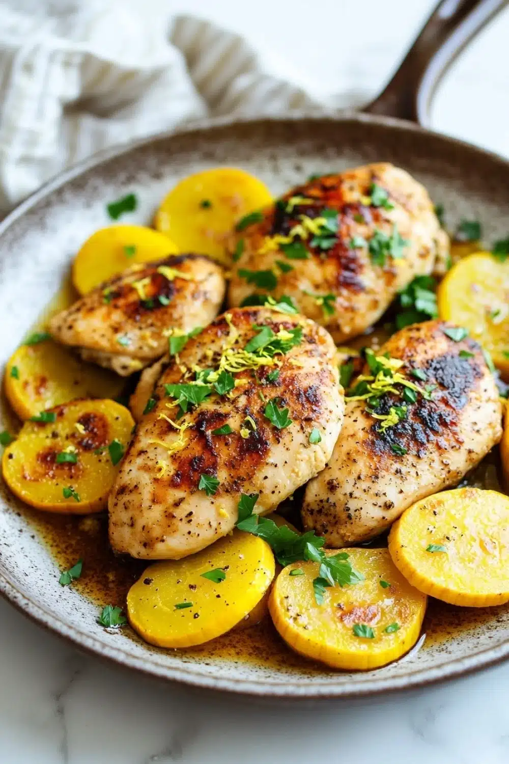 Lemon chicken squash skillet - the image shows a plate of grilled chicken and potatoes. the chicken is golden brown and appears to be seasoned with herbs and spices. the potatoes are cut into small cubes and are arranged in a circular pattern around the chicken. the plate is made of ceramic and has a handle on one side. the background is a white marble countertop with a white cloth napkin on the side.