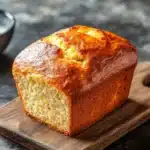 Lemon muffin bread - the image shows a freshly baked loaf of bread on a wooden cutting board. the bread appears to be golden brown in color and has a slightly crumbly texture. it is sitting on a dark grey countertop with a small bowl of butter on the side. the background is blurred, but it seems to be a kitchen countertop. the overall mood of the image is rustic and cozy.