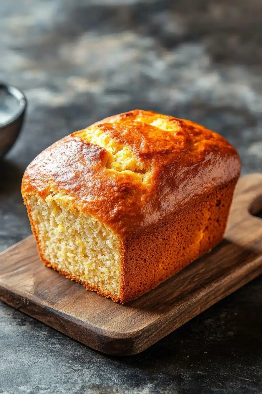 Lemon muffin bread - the image shows a freshly baked loaf of bread on a wooden cutting board. the bread appears to be golden brown in color and has a slightly crumbly texture. it is sitting on a dark grey countertop with a small bowl of butter on the side. the background is blurred, but it seems to be a kitchen countertop. the overall mood of the image is rustic and cozy.