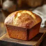 Lemon muffin bread - the image shows a freshly baked loaf of bread on a wooden cutting board. the bread appears to be golden brown in color and has a soft, fluffy texture. it is sitting on a white cloth napkin and there is a silver pitcher in the background. the cutting board is placed on a rustic wooden table. the overall mood of the image is warm and inviting.