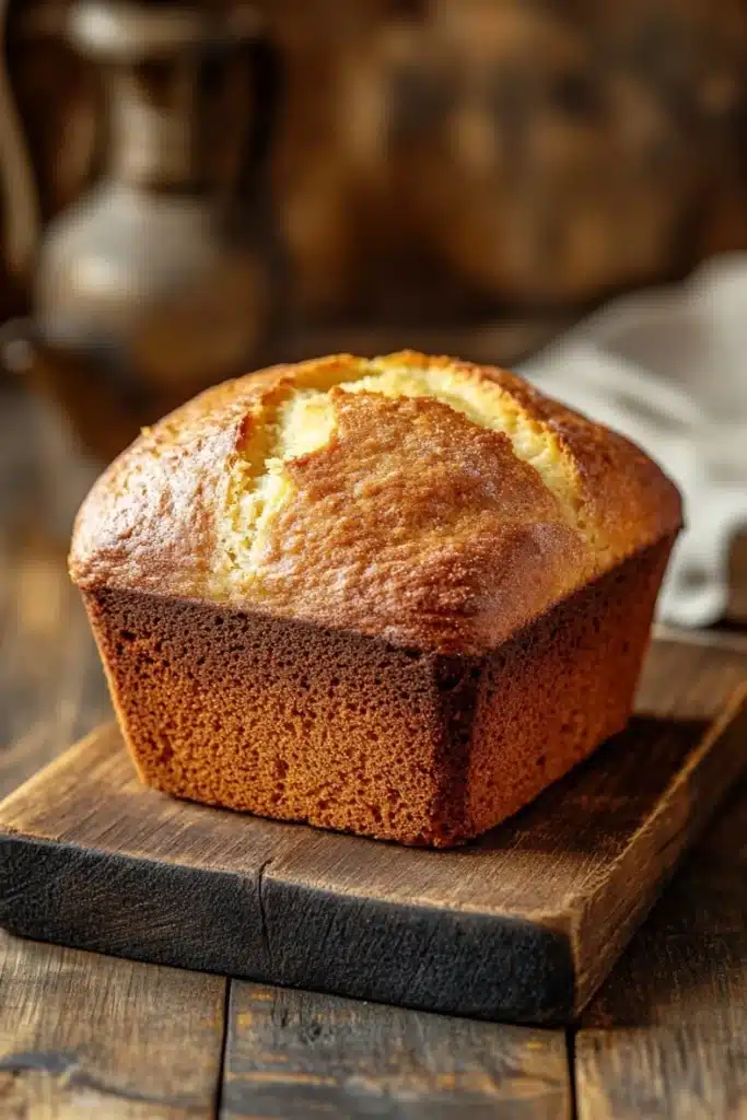 Lemon muffin bread - the image shows a freshly baked loaf of bread on a wooden cutting board. the bread appears to be golden brown in color and has a soft, fluffy texture. it is sitting on a white cloth napkin and there is a silver pitcher in the background. the cutting board is placed on a rustic wooden table. the overall mood of the image is warm and inviting.