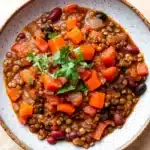 Lentil chili slow cooker - the image is a close-up of a bowl of lentil soup. the soup is a rich brown color and appears to be made with lentils, carrots, and other vegetables. the bowl is made of ceramic and has a light blue rim. there is a sprig of fresh cilantro on top of the soup, adding a pop of green color to the dish. the background is a beige countertop.