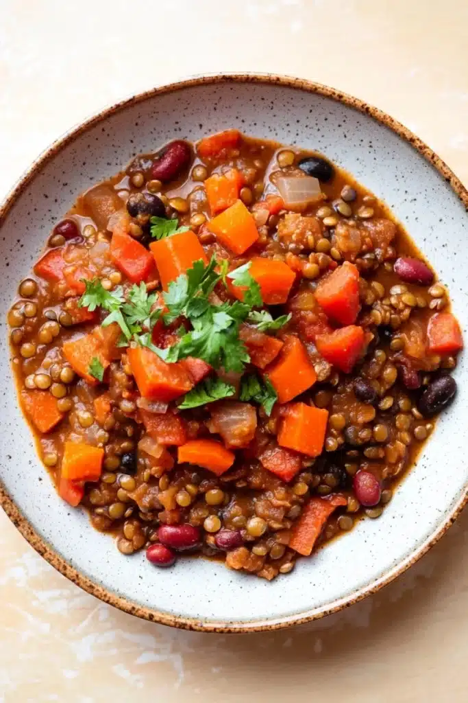 Lentil chili slow cooker - the image is a close-up of a bowl of lentil soup. the soup is a rich brown color and appears to be made with lentils, carrots, and other vegetables. the bowl is made of ceramic and has a light blue rim. there is a sprig of fresh cilantro on top of the soup, adding a pop of green color to the dish. the background is a beige countertop.