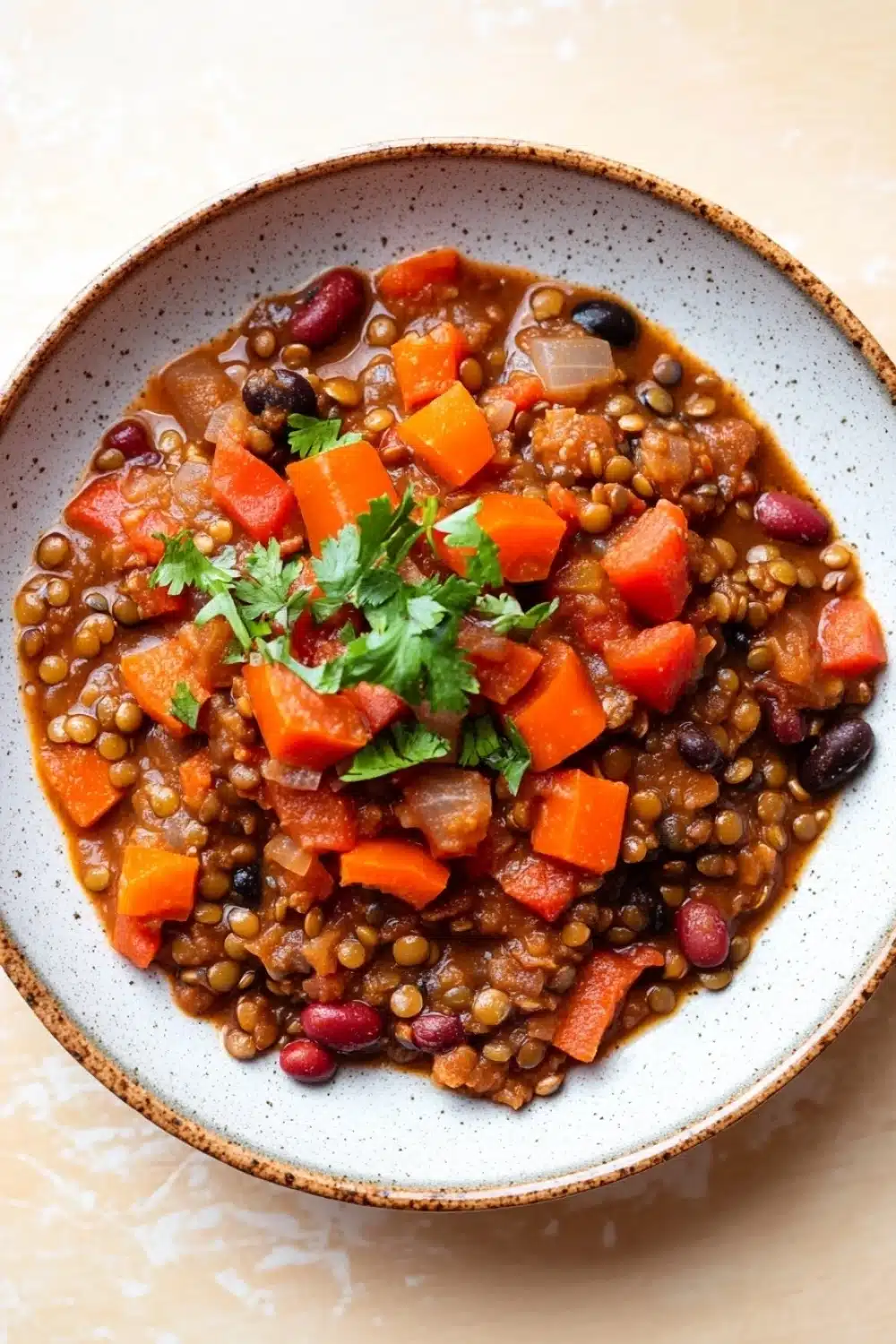 Lentil chili slow cooker - the image is a close-up of a bowl of lentil soup. the soup is a rich brown color and appears to be made with lentils, carrots, and other vegetables. the bowl is made of ceramic and has a light blue rim. there is a sprig of fresh cilantro on top of the soup, adding a pop of green color to the dish. the background is a beige countertop.