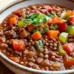 Lentil chili slow cooker - the image is a close-up of a bowl of lentil soup. the soup is a rich brown color and appears to be made with lentils, carrots, and other vegetables. the bowl is white with a speckled pattern and is sitting on a wooden table. there are also some fresh cilantro leaves scattered on top of the soup, adding a pop of green color to the dish. the background is blurred, making the bowl the focal point of the image.