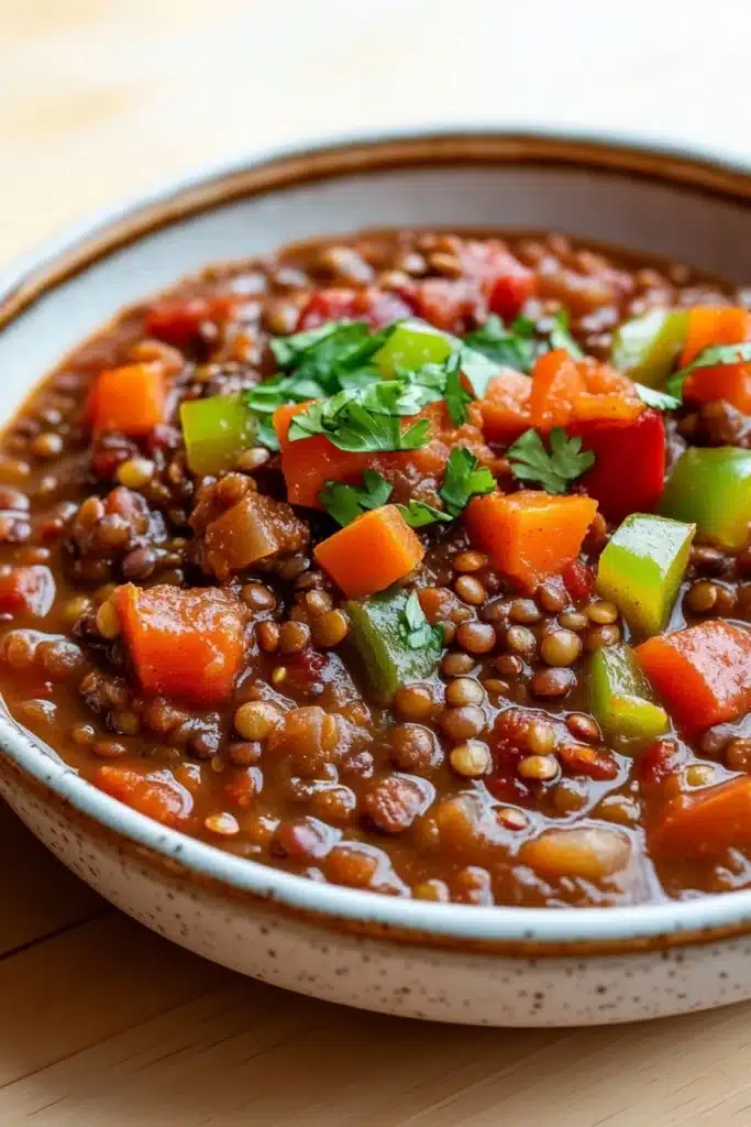 Lentil chili slow cooker - the image is a close-up of a bowl of lentil soup. the soup is a rich brown color and appears to be made with lentils, carrots, and other vegetables. the bowl is white with a speckled pattern and is sitting on a wooden table. there are also some fresh cilantro leaves scattered on top of the soup, adding a pop of green color to the dish. the background is blurred, making the bowl the focal point of the image.