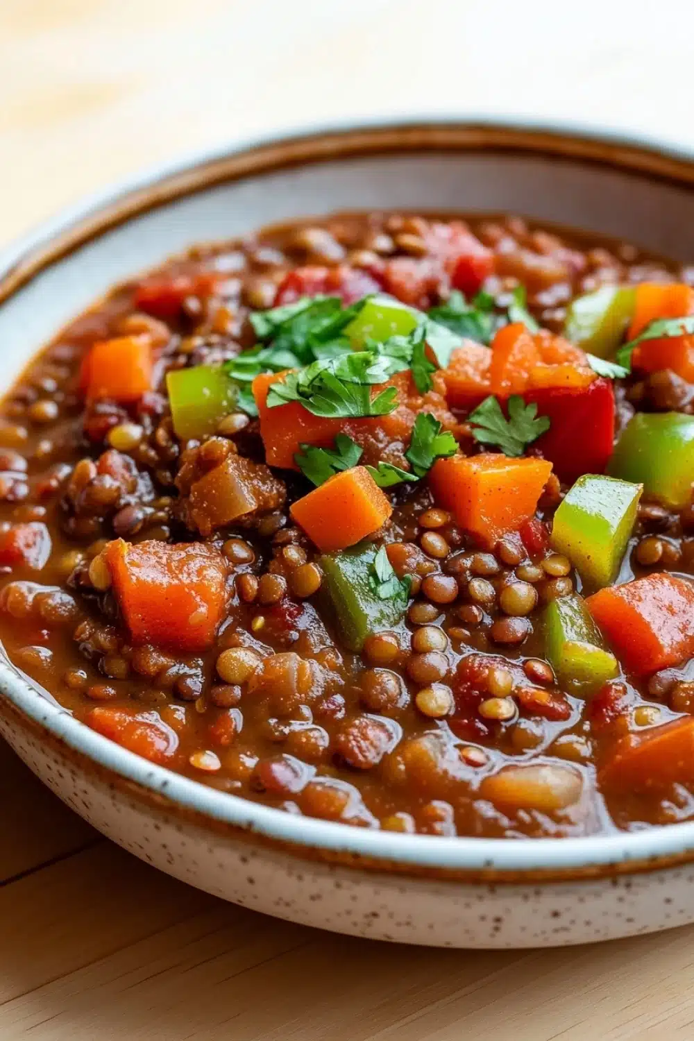 Lentil chili slow cooker - the image is a close-up of a bowl of lentil soup. the soup is a rich brown color and appears to be made with lentils, carrots, and other vegetables. the bowl is white with a speckled pattern and is sitting on a wooden table. there are also some fresh cilantro leaves scattered on top of the soup, adding a pop of green color to the dish. the background is blurred, making the bowl the focal point of the image.