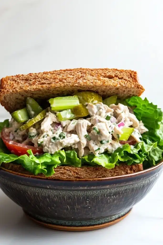 Loaded chicken salad sandwich - the image shows a sandwich in a black ceramic bowl. the sandwich is made with two slices of toasted bread and is filled with a mixture of lettuce, tomato, cucumber, and other vegetables. the salad appears to be made with chicken, celery, and red onions. the bowl is sitting on a white marble countertop.