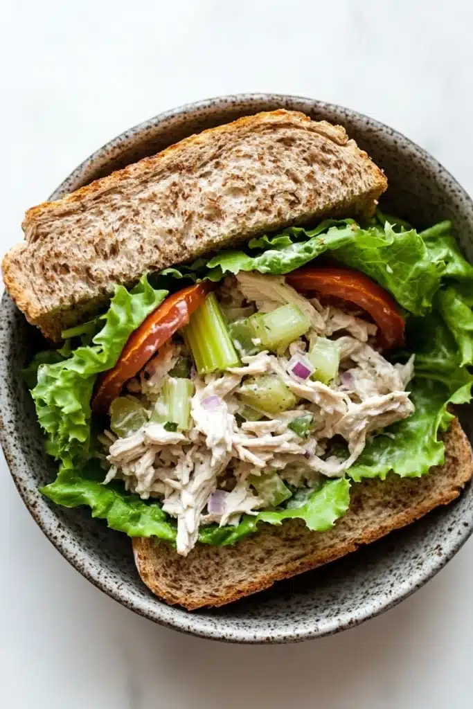 Loaded chicken salad sandwich - the image is a close-up of a sandwich in a gray bowl. the sandwich is made with two slices of toasted bread and is filled with a salad. the salad is made up of lettuce, diced tomatoes, celery, and other vegetables. the lettuce is a light green color and appears to be fresh and wilted. the tomatoes are red and appear to be seasoned with herbs and spices. the chicken is a creamy white color and is mixed in with the lettuce and tomatoes. the bowl is sitting on a white marble countertop.