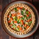 Low calorie chicken pot pie - the image is of a freshly baked chicken pot pie on a wooden table. the pie has a golden brown crust on top and is filled with chunks of chicken, carrots, peas, and green onions. the vegetables are arranged in a circular pattern around the edges of the pie. the dish appears to be freshly cooked and ready to eat. the wooden table has a rustic and weathered appearance, with visible grain and knots.