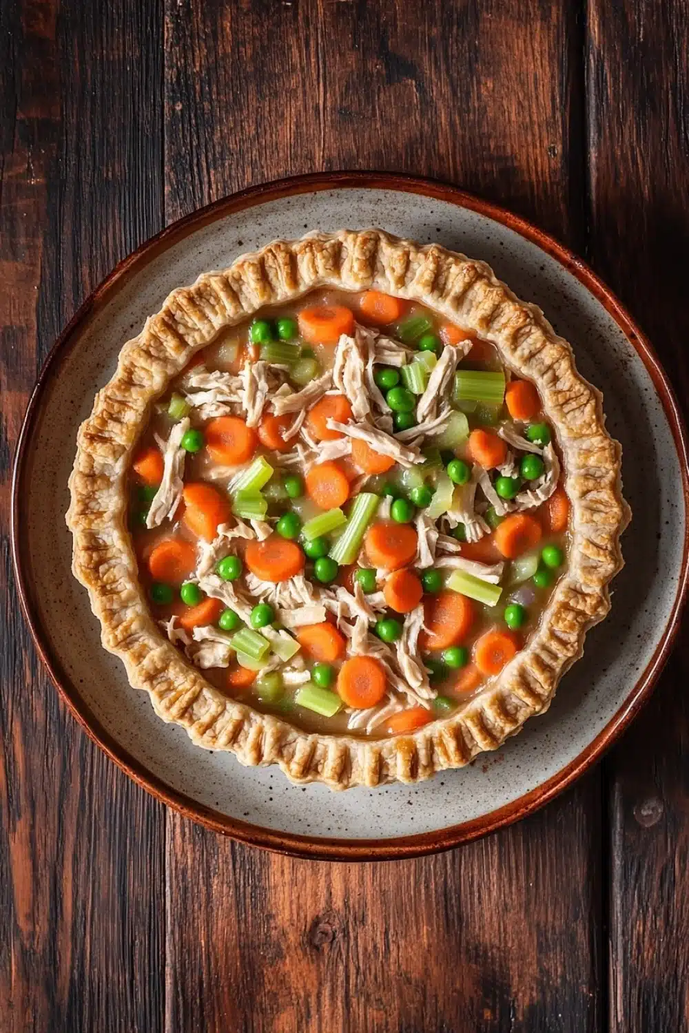 Low calorie chicken pot pie - the image is of a freshly baked chicken pot pie on a wooden table. the pie has a golden brown crust on top and is filled with chunks of chicken, carrots, peas, and green onions. the vegetables are arranged in a circular pattern around the edges of the pie. the dish appears to be freshly cooked and ready to eat. the wooden table has a rustic and weathered appearance, with visible grain and knots.