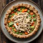 Low calorie chicken pot pie - the image is of a freshly baked chicken pot pie on a wooden table. the pie has a golden brown crust on top and is filled with shredded chicken, carrots, peas, and celery. the chicken is cut into small pieces and is arranged in a circular pattern around the edges of the pie. the peas are bright green and the carrots are orange. the celery is a light green color and is scattered throughout the dish. the dish is garnished with a sprinkle of herbs. the background is dark and the table has a rustic feel to it.