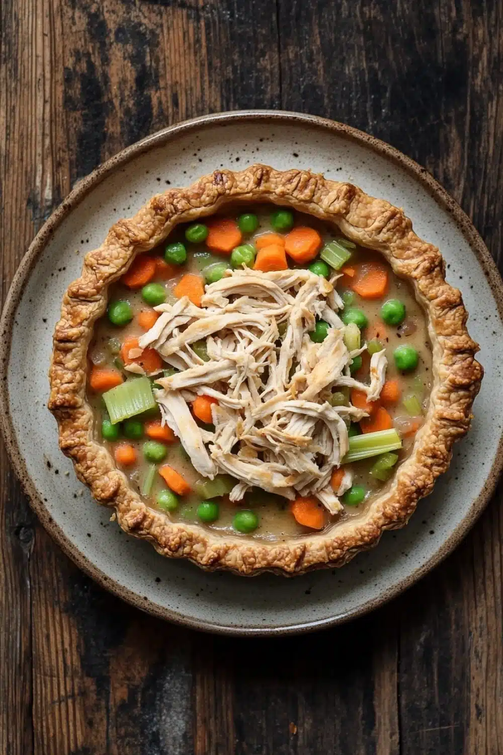 Low calorie chicken pot pie - the image is of a freshly baked chicken pot pie on a wooden table. the pie has a golden brown crust on top and is filled with shredded chicken, carrots, peas, and celery. the chicken is cut into small pieces and is arranged in a circular pattern around the edges of the pie. the peas are bright green and the carrots are orange. the celery is a light green color and is scattered throughout the dish. the dish is garnished with a sprinkle of herbs. the background is dark and the table has a rustic feel to it.