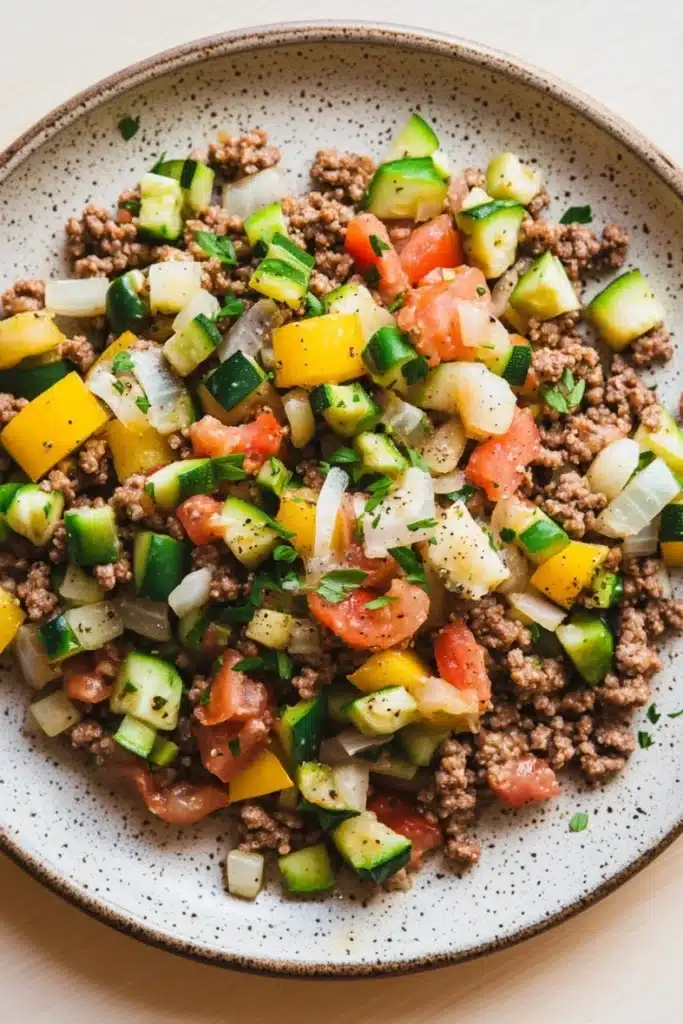 Low carb ground beef for dinner - the image is a close-up of a plate of food. the plate is white with a speckled pattern and is placed on a wooden table. the food appears to be a salad with a variety of ingredients, including ground beef, diced tomatoes, zucchini, yellow bell peppers, and chopped onions. the colors of the ingredients are vibrant and the dish looks fresh and appetizing.
