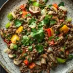 Low carb ground beef for dinner - the image is a close-up of a plate of food. the plate is round and has a dark brown speckled texture. the food appears to be a dish made with ground beef, sliced mushrooms, red and yellow bell peppers, onions, and cilantro. the vegetables are arranged in a colorful and appetizing manner, with some overlapping each other. the dish is garnished with fresh cilantro leaves. the background is a dark wooden table.