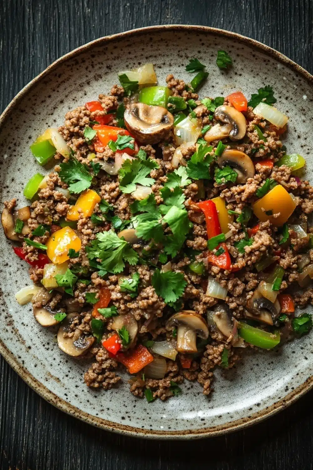 Low carb ground beef for dinner - the image is a close-up of a plate of food. the plate is round and has a dark brown speckled texture. the food appears to be a dish made with ground beef, sliced mushrooms, red and yellow bell peppers, onions, and cilantro. the vegetables are arranged in a colorful and appetizing manner, with some overlapping each other. the dish is garnished with fresh cilantro leaves. the background is a dark wooden table.