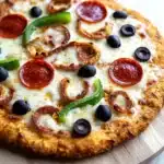 Low carb keto chicken crust pizza - the image is of a round pizza on a wooden cutting board. the pizza has a golden brown crust and is topped with melted cheese, sliced red pepperoni, sliced green bell peppers, and black olives. the toppings are arranged in a circular pattern on top of the cheese. the background is a white wooden table.