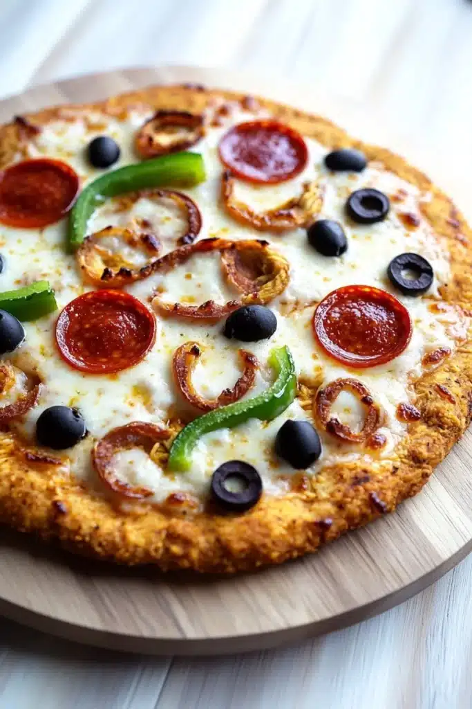 Low carb keto chicken crust pizza - the image is of a round pizza on a wooden cutting board. the pizza has a golden brown crust and is topped with melted cheese, sliced red pepperoni, sliced green bell peppers, and black olives. the toppings are arranged in a circular pattern on top of the cheese. the background is a white wooden table.