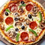 Low carb keto chicken crust pizza - the image is of a large pepperoni pizza on a wooden cutting board. the pizza is round and has a golden brown crust. it is topped with melted cheese, sliced mushrooms, green bell peppers, and black olives. the toppings are arranged in a circular pattern around the edges of the pizza. the background is a white marble countertop.