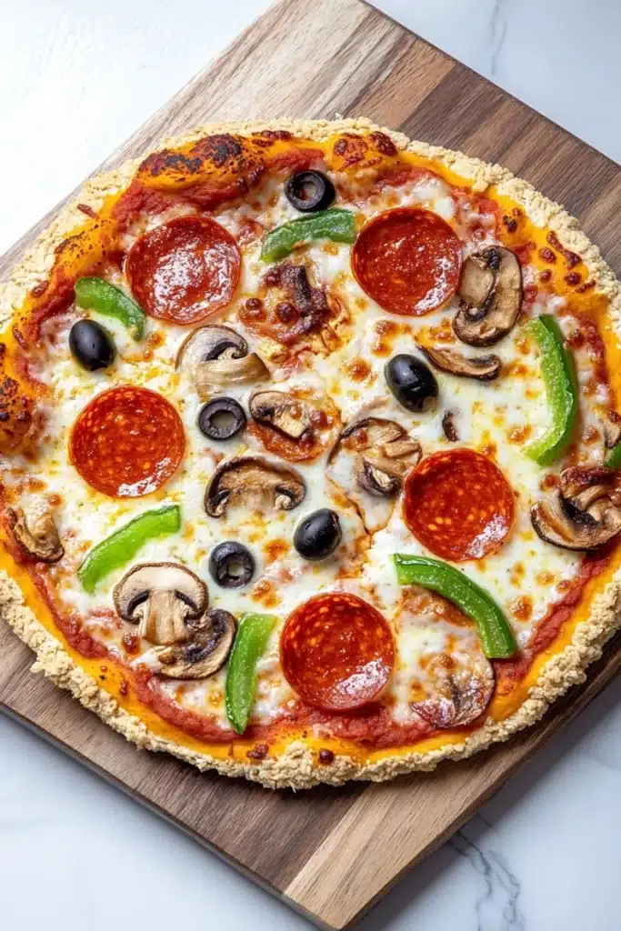Low carb keto chicken crust pizza - the image is of a large pepperoni pizza on a wooden cutting board. the pizza is round and has a golden brown crust. it is topped with melted cheese, sliced mushrooms, green bell peppers, and black olives. the toppings are arranged in a circular pattern around the edges of the pizza. the background is a white marble countertop.